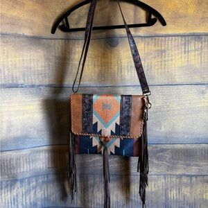 Brown and Blue Aztec Crossbody Bag with Adjustable Strap